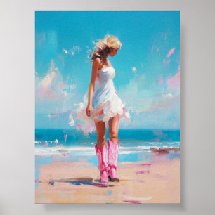 Póster Vaquera Costera - Boots rosados y Playa de Vestido