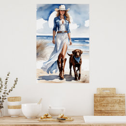 Póster Vaquera costera con acuarela de perro