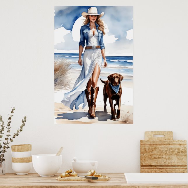Póster Vaquera costera con acuarela de perro (Cocina)