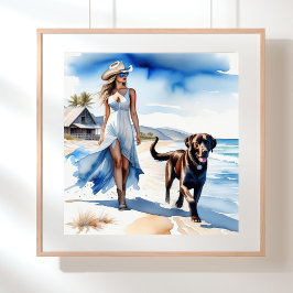 Póster Vaquera costera con perro en la playa