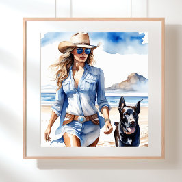 Póster Vaquera costera con vestido de denim en la playa