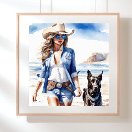 Póster Vaquera costera en Denim con perro en la playa