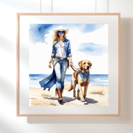 Póster Vaquera costera en Denim con un perro en la playa
