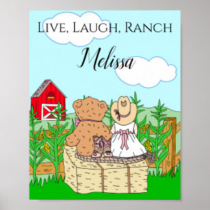 Póster Vaquera linda personalizada y oso de peluche en ra