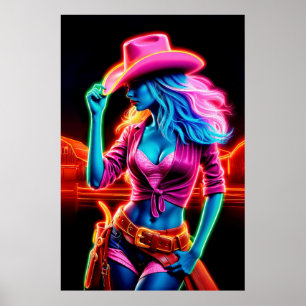 Póster Vaquera vibrante con iluminación de neón retro