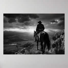 Póster Vaquero a caballo al atardecer foto de B&W