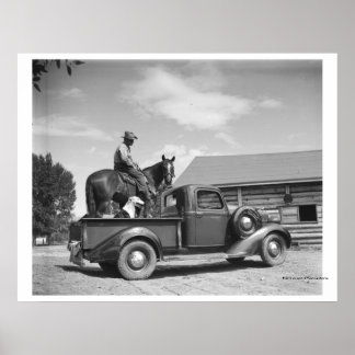 Póster Vaquero con caballo en un camión