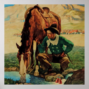 Póster Vaquero dando agua a su caballo por NC Wyeth
