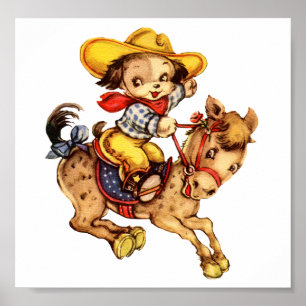 Póster Vaquero del perrito en su caballo