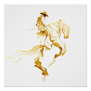 Póster Vaquero Dorado en Caballo Alzado