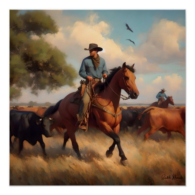 Póster Vaquero en caballo bayo (Anverso)