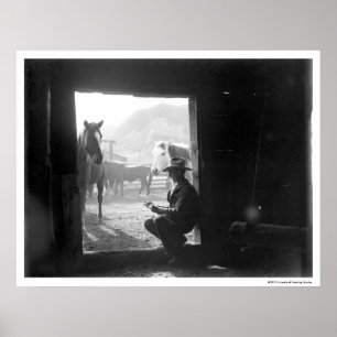 Póster Vaquero en la puerta con caballos