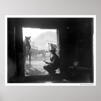Póster Vaquero en la puerta con caballos