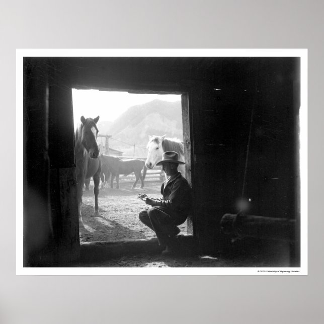 Póster Vaquero en la puerta con caballos (Frente)