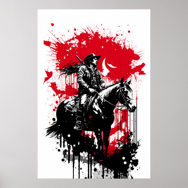 Póster Vaquero En Una Pintura De Caballo (Frente)