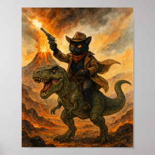 Póster Vaquero Épico de Gato Montando Dinosaurio – Acuare
