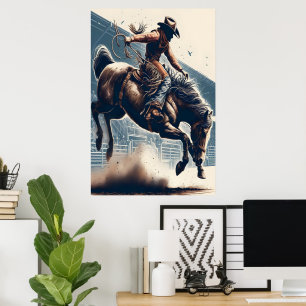 Póster Vaquero monta un caballo balancín