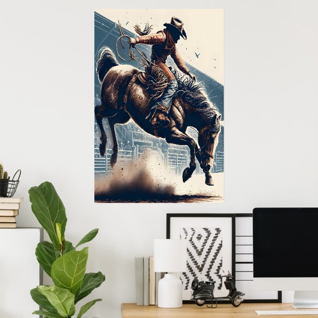 Póster Vaquero monta un caballo balancín (Oficina en casa)
