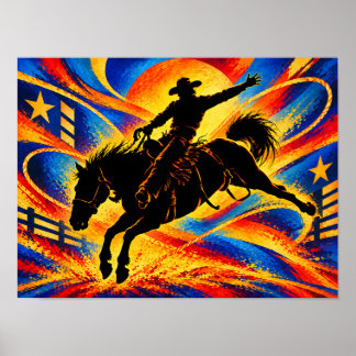 Póster Vaquero montando a caballo en una silueta de rodeo