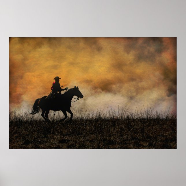 Póster Vaquero montando la línea de fuego de un incendio  (Frente)