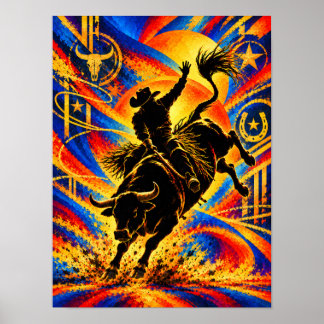 Póster Vaquero montando un toro en una silueta de rodeo