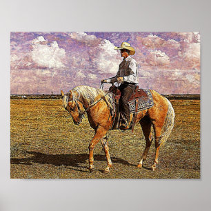 Póster Vaquero occidental en caballo palomino