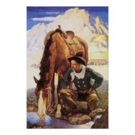 Póster Vaquero regando su caballo por NC Wyeth, arte vint