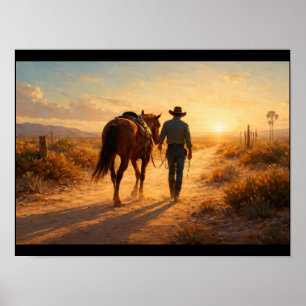 Póster Vaquero solitario caminando junto al caballo