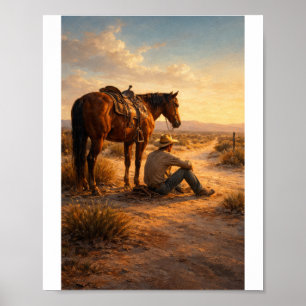 Póster Vaquero y caballo al atardecer