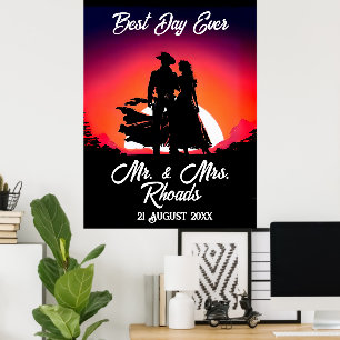 Póster Vaquero y Novia en Boda al Atardecer