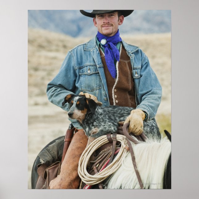 Póster Vaquero y perro a caballo (Frente)