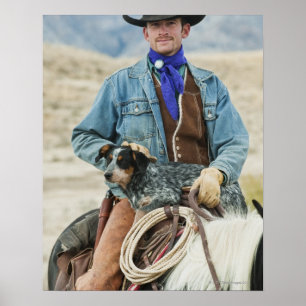 Póster Vaquero y perro en caballo