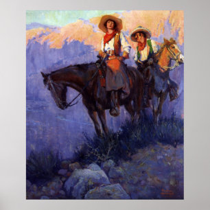 Póster Vaqueros antiguos, hombre y mujer en caballos, And