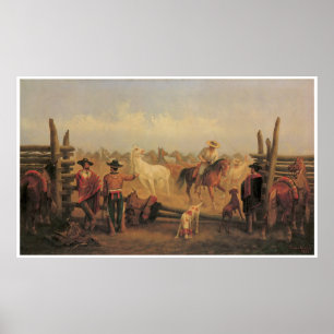 Póster Vaqueros Roping caballos en un corral, 1877