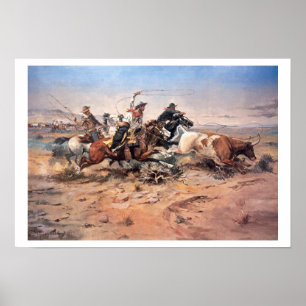 Póster Vaqueros roping un buey, 1897 (aceite en lona)