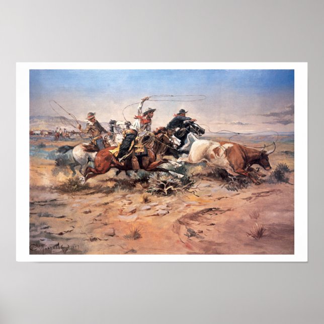 Póster Vaqueros rotando un toro, 1897 (aceite sobre lienz (Frente)