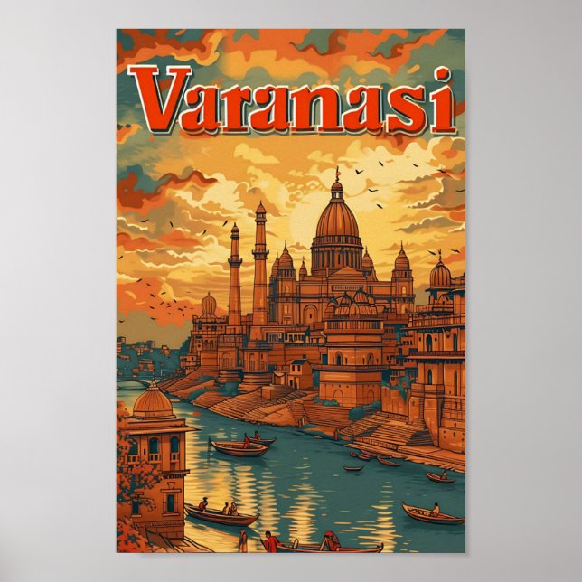 Póster Varanasi India Vintage Art Travel Ilustracion (Frente)