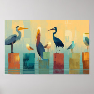 Póster Varias aves marinas encaramadas sobre pilotes