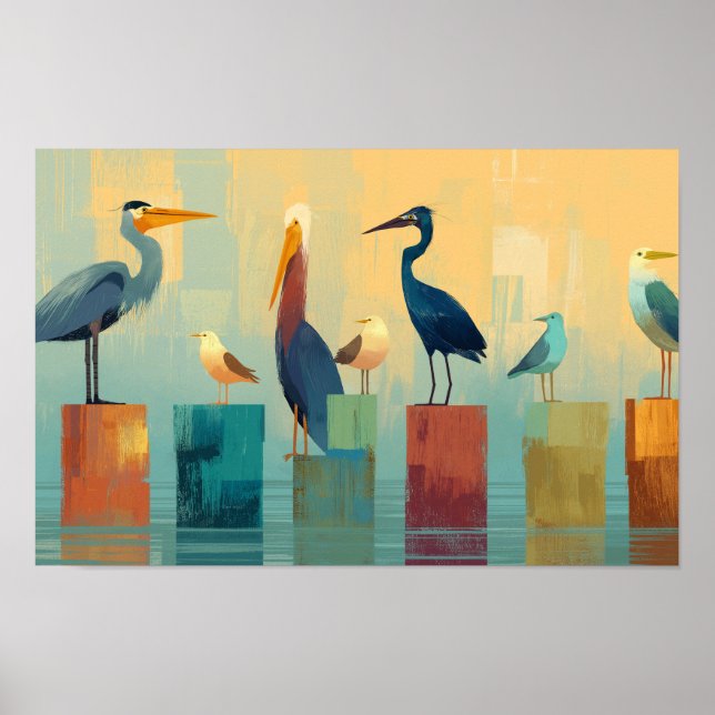 Póster Varias aves marinas encaramadas sobre pilotes (Frente)