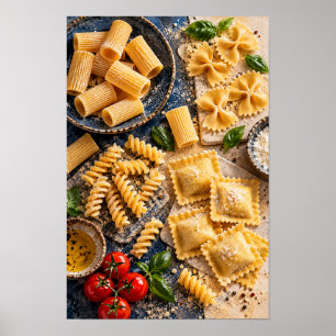 Póster Variedad de pasta italiana con albahaca fresca y t