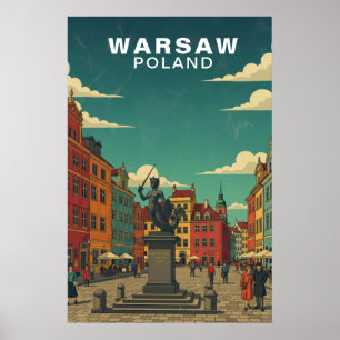 Póster Varsovia, Polonia Plaza Histórica y Estatua de la 