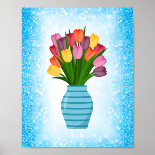 Póster Vasa de flores azules con tulipanes coloridos con