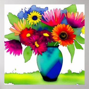 Póster Vasa y flores de color de agua vibrante