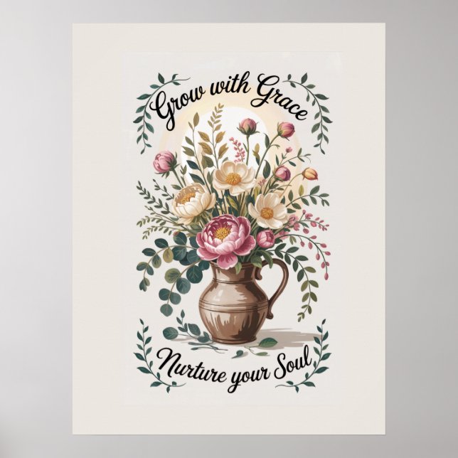 Póster Vase Con Florals Crecer Con Cita De Gracia (Frente)