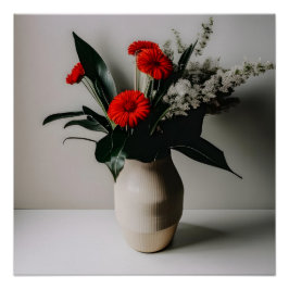 Póster Vase con flores rojas y blancas