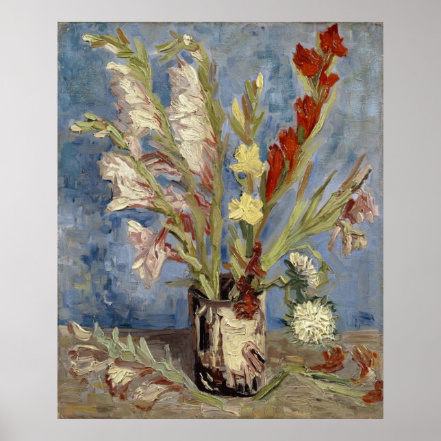 Póster Vase con Gladioli y los asters chinos de Van Gogh (Frente)