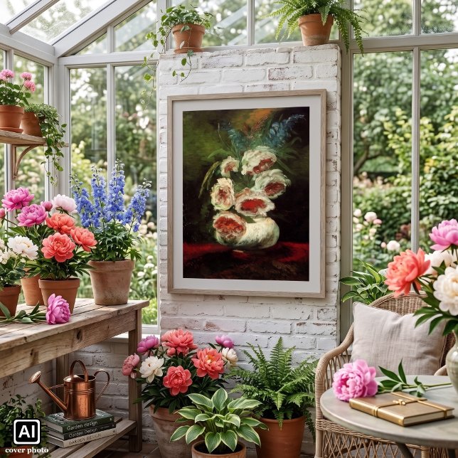 Póster Vase con peonies de Vincent van Gogh (Vase with Peonies by Vincent van Gogh is a vintage fine art post impressionism still life painting.)