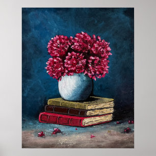 Póster Vase de flores Libros Azules Rosa leyendo vida mue