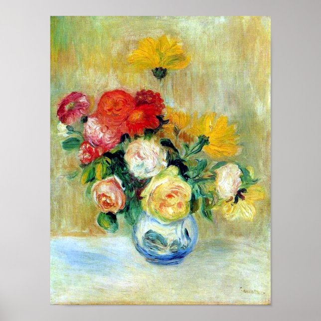 Póster Vase de Rosas y Dahlias por Renoir Print (Frente)