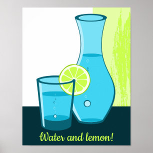 Póster Vaso azul y jarra - ¡Agua y limón!